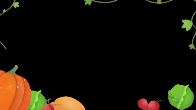 Vibrant vegetable and fruit border with pumpkins leafy greens on black background for seasonal designs