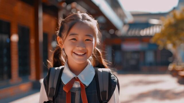 young asian schoolgirl smiling outdoors courtyard, wearing white uniform with red tie and backpack, walking along traditional temple street under warm sunlight, soft bokeh background, candid