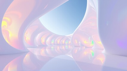 Fototapeta premium Abstract tunnel, soft light, iridescent curves. Smooth surfaces reflect sky, creating futuristic space. Minimalist design, calming aesthetic.