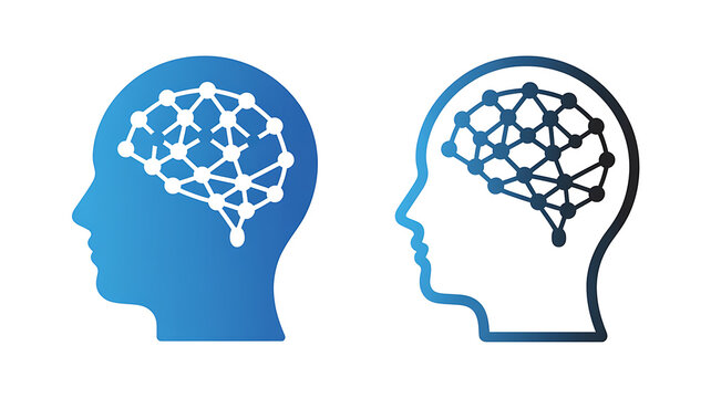 Two blue human head profiles with neural network brain