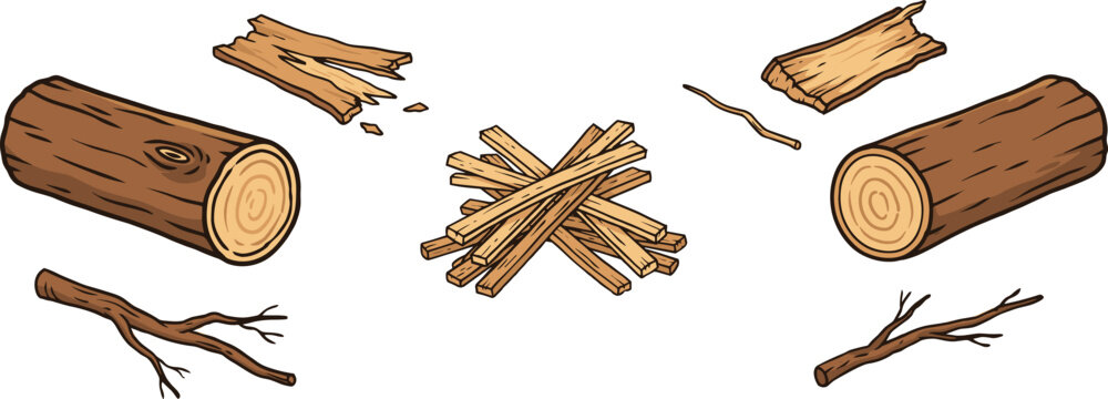 Campfire Firewood and Wooden Logs Vector Set Featuring Hand Drawn Timber Pieces, Dry Twigs, Splintered Bark, and Kindling Sticks for Bonfire Setup