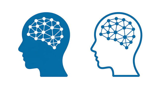 Two blue human head profiles with neural network brain