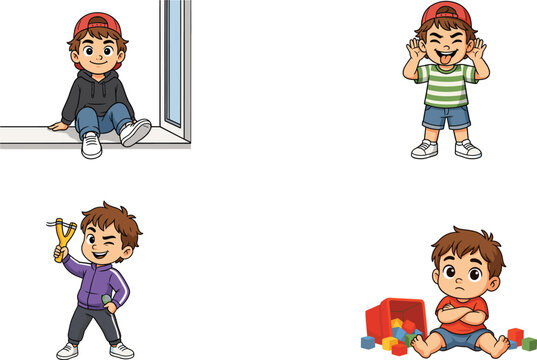 Naughty and Mischievous Little Boy Character Set Featuring Funny Kid Making Faces, Holding a Slingshot, Sitting by Window, and Pouting with Blocks