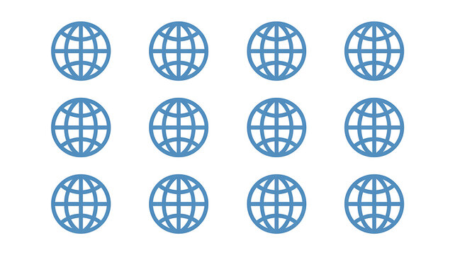 Twelve identical blue globe arranged in a grid on a white background earth planet symbol