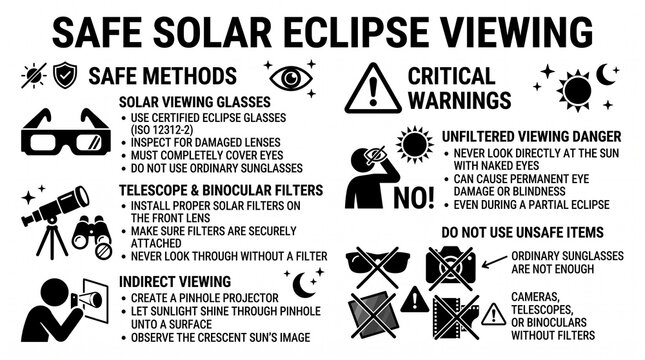 Infographic for safe solar eclipse viewing.