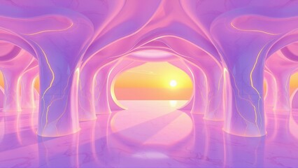 Fototapeta premium Abstract cave interior. Soft pinks, purples dominate. Sunset visible beyond archway. Reflective floor creates surreal atmosphere.