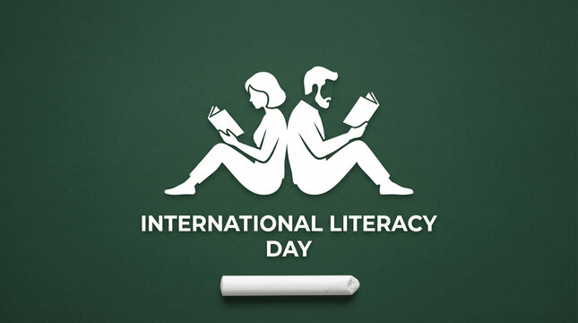 International Literacy Day graphic with silhouettes reading on a green chalkboard.