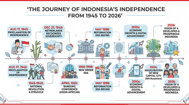 Infographic timeline of Indonesian independence history from 1945 to 2026.