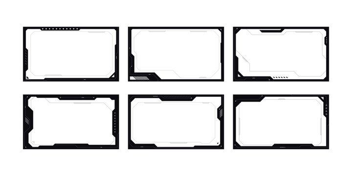 Set of six modern black and white geometric frames for various digital designs.
