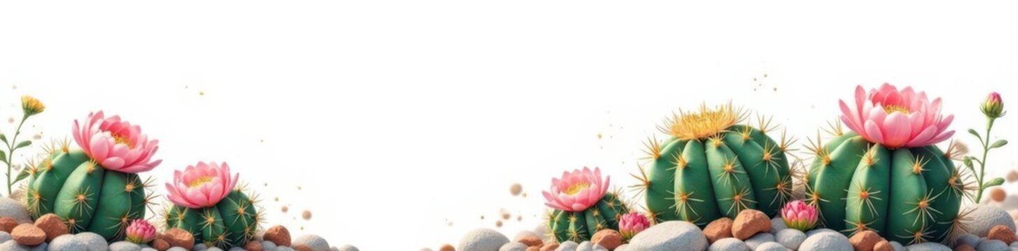 Mature cactus with delicate flowers, pristine white background ,  simple,  beautiful