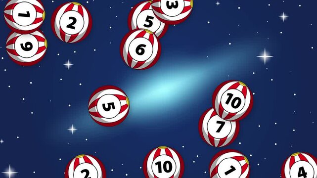 Animated Numbered Lottery Balls Falling Against a Blue Starry Background