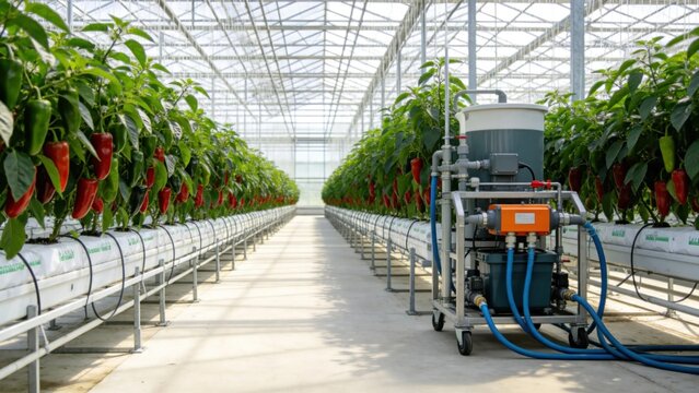 Modern greenhouse interior with pepper plants and fertigatio
