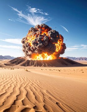 A massive volcanic eruption engulfs the sky with smoke and fire above a desert landscape.