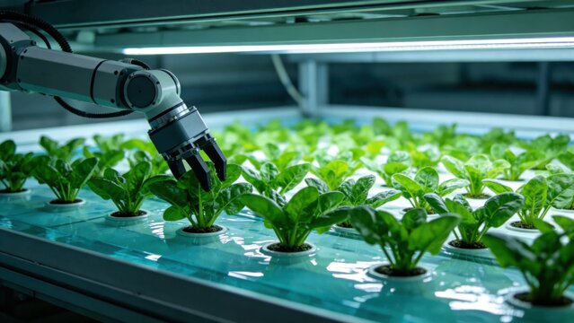 Automated arm harvesting spinach from deep water culture hyd