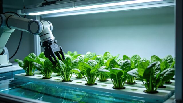 Automated arm harvesting spinach from deep water culture hyd