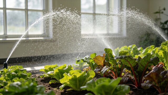 Sprinkler irrigation creating water arcs over growing vegeta