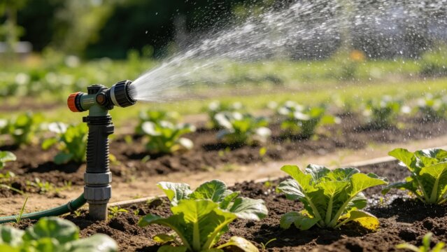 Portable sprinkler setup irrigating small farm vegetable plo