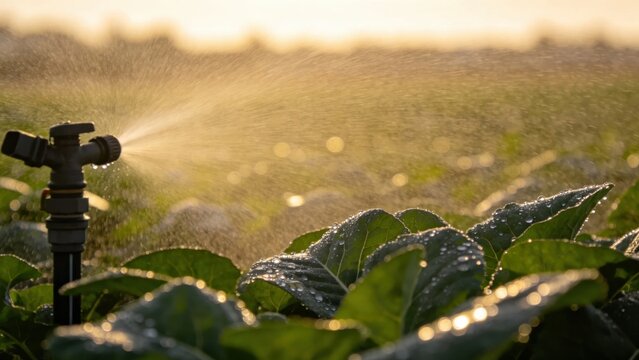 Sprinkler irrigation system operating at dawn with water dro