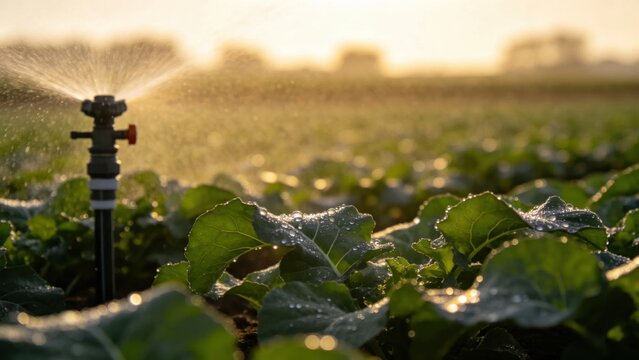 Sprinkler irrigation system operating at dawn with water dro