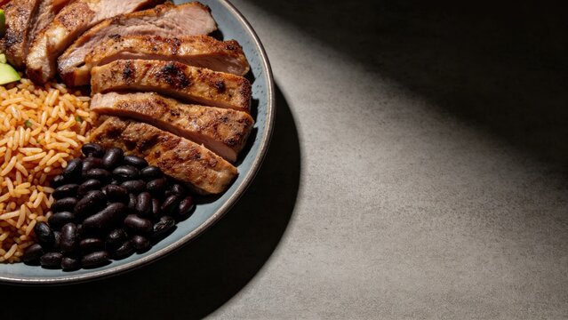 Cuban lunch platter with moros y cristianos rice and black b