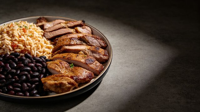 Cuban lunch platter with moros y cristianos rice and black b