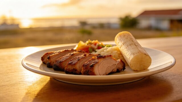 Authentic Cuban plate with lechon asado roasted pork and yuc