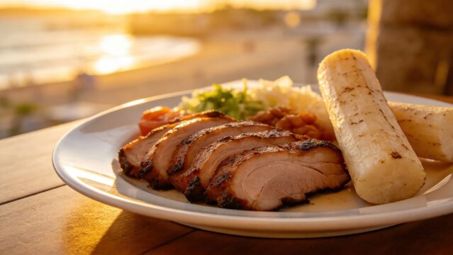 Authentic Cuban plate with lechon asado roasted pork and yuc