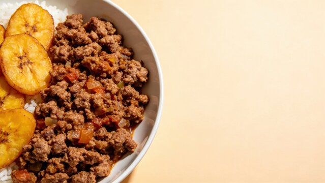 Traditional Cuban meal with picadillo ground beef and sweet 