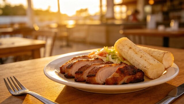 Authentic Cuban plate with lechon asado roasted pork and yuc