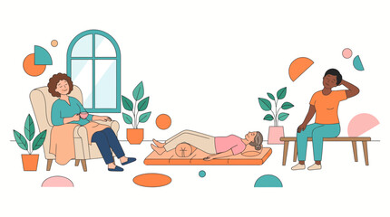 Obraz premium Flat vector illustration of menopause wellness promoting relaxation, restorative rest, hormonal balance, self care, healthy aging, and holistic wellbeing in a clean modern style.