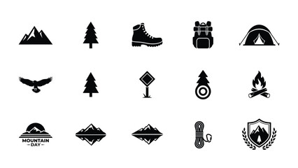 Modern minimalist black icons set with depicting various outdoor adventure themes including hiking boots flat design style against clean white background © Suranjana