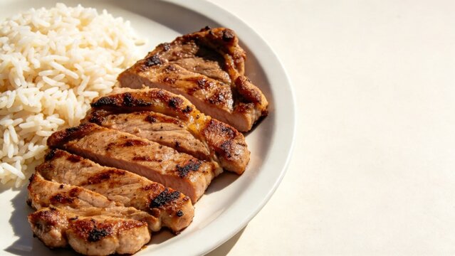 Traditional Cuban meal with chuletas grilled pork chops and 