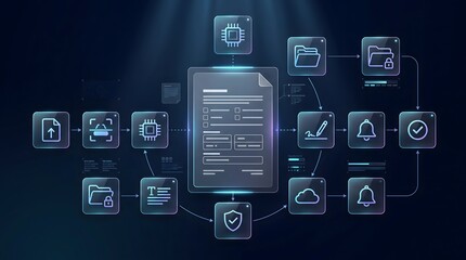 Fototapeta premium Secure Digital Workflow Automation Interface Emphasizing Data Protection AI Processing and Cloud Synchronization