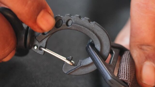 Close-up of hands attaching a plastic strap hook to a backpack strap. Connecting a replacement bag hook for backpack repair, adjustment, and everyday use.