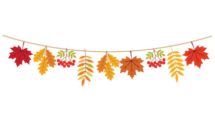Autumn leaves garland hanging on a rope fall banner with colorful maple, oak leaves and rowan berries vector illustration © Yasmin