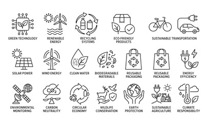 Fototapeta premium Minimal Linear Ecology Icon Collection with Editable Stroke for Green Energy and Nature