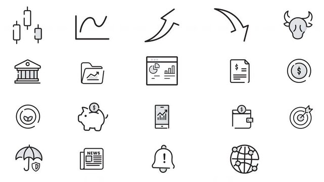 Suitable for financial presentations or websites focused on investments. Includes icons like wallet, piggy bank, and bull market chart.