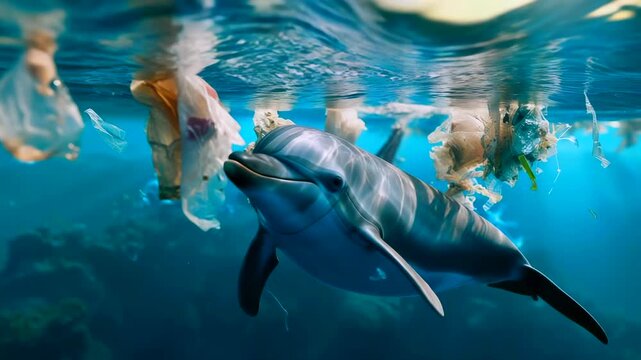 dolphin swimming under floating plastic bags, sunlit surface reflections, curious mammal navigating entanglement hazards, urgent conservation narrative and rescue potential
