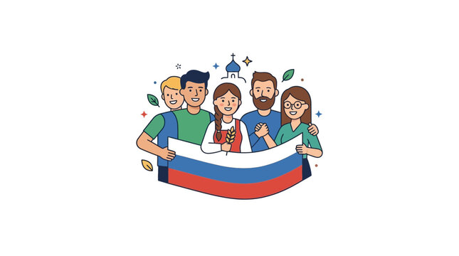 Diverse Group Holding Russian Flag with Cultural Symbols Illustration