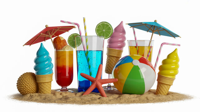 Colorful beach drinks and snacks with umbrellas on sand