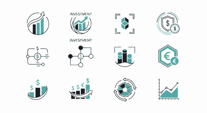 Hand drawn financial and investment icon set featuring charts graphs and currency symbols.