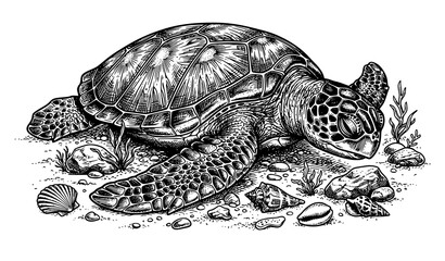 Hand Drawn Sea Turtle Resting on Ocean Floor Vector Sketch Illustration © Joy