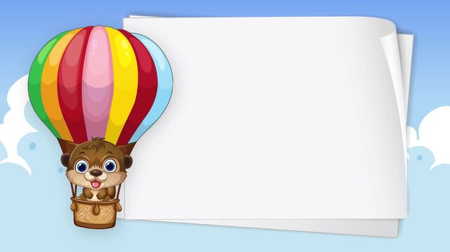 Cartoon Otter in Hot Air Balloon with Blank White Sign