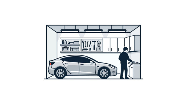 Man working in an organized modern garage with electric car