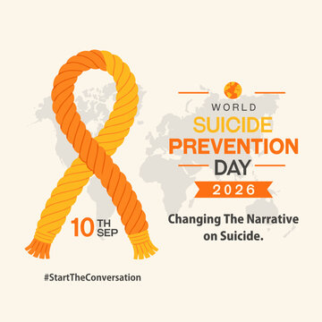 10th September - World Suicide Prevention Day 2026 Banner with Orange Yellow Rope Awareness Ribbon with the Campaign Message : Changing the Narrative on Suicide