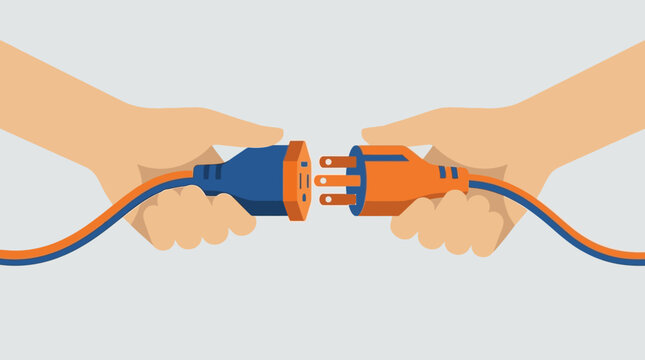 Hands connecting blue and orange electrical plugs