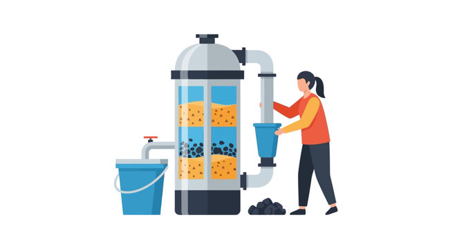 Woman operating water filtration system with bucket and filter layers