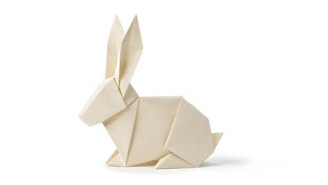 Origami Rabbit with Upright Folded Ears in Ivory Paper on White Background