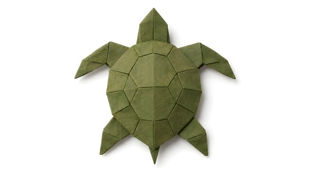 Origami Turtle with Olive Green Patterned Shell Folds on White Background