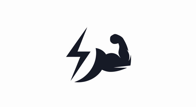 Lightning bolt and flexing bicep muscle arm icon representing energy and strength.